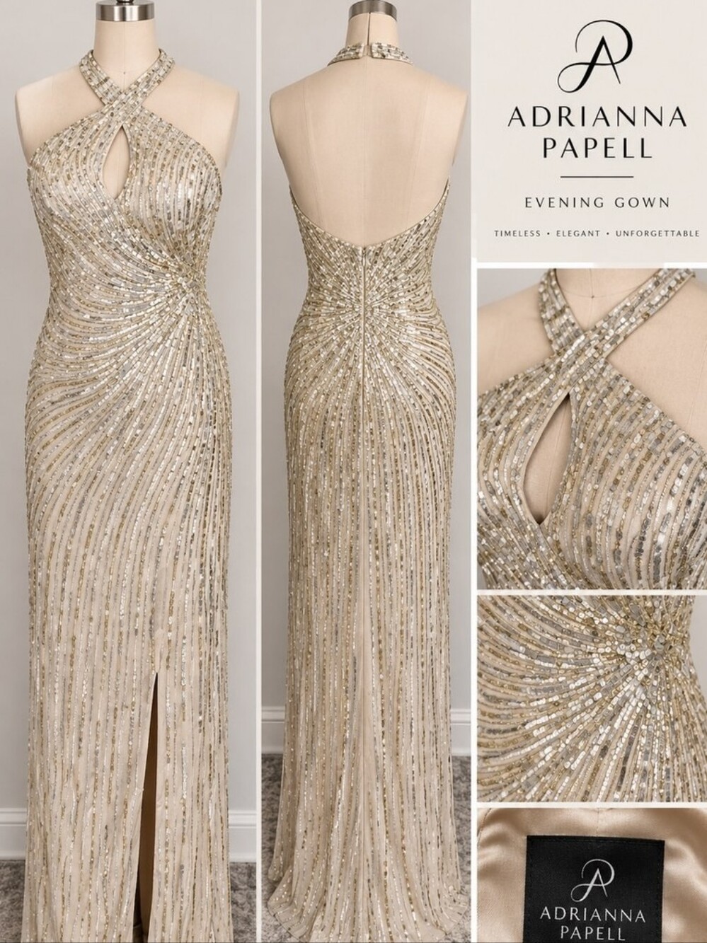 Adrianna Papell Champagne Sequin Halter Evening Gown